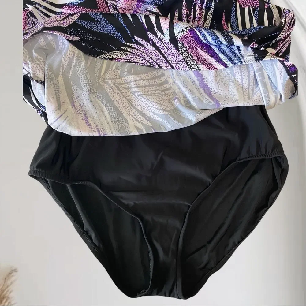 SWIM SOLUTIONS Swimdress NWT Shaping Slimming High Neck Purple Black Plus Sz 16 - Picture 7 of 13